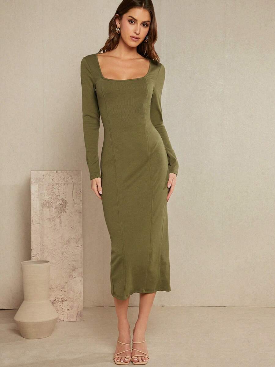 Hauture 方领罗纹针织长袖开衩下摆连衣裙