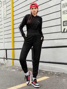 Gameset SHEIN Sport Women's Thumb Hole Contrast Side Running Sports Suit - Black - View 1