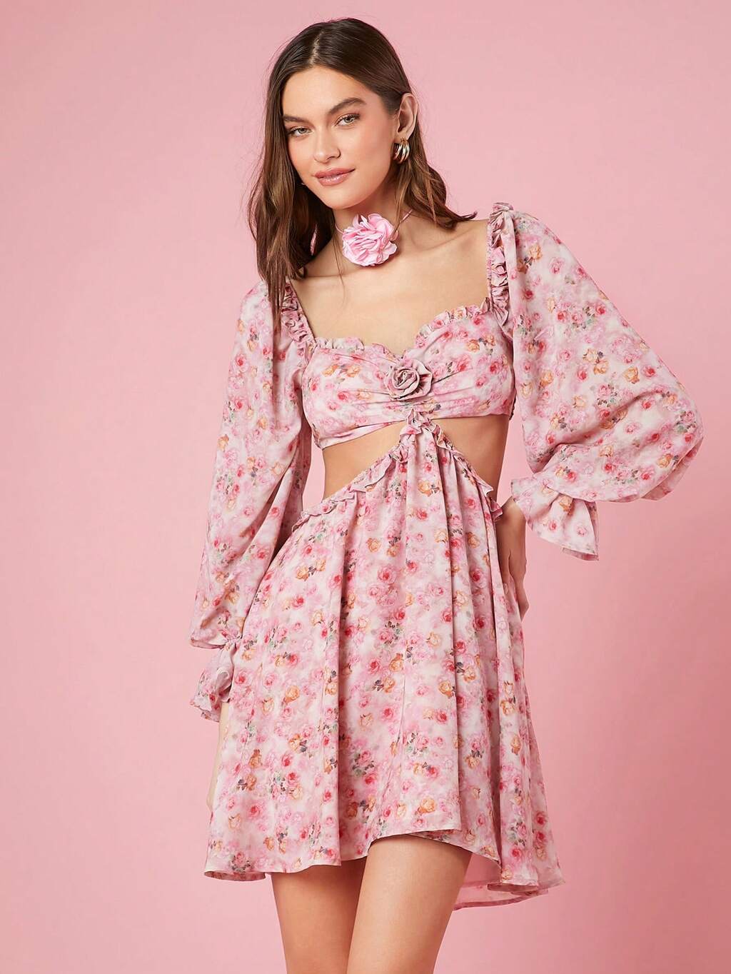 Women's Floral Print Hollow Out Waist Dress