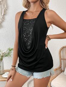 SHEIN LUNE 女春夏兩合一垂褶背心 - 黑色 - 查看 6