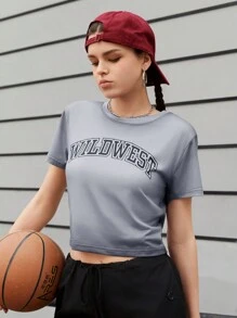 SHEIN Sports 女士字母印花圓領短袖t恤 - 灰色 - 查看 1