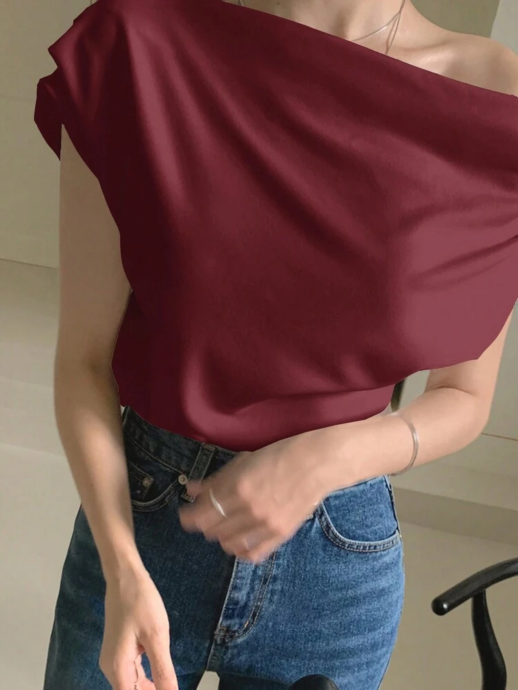 Women's Solid Color Asymmetrical Neckline Short Sleeve Pleated Top,Crop Tops Women