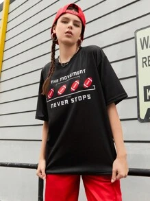 SHEIN Sports Women's Rugby Print Casual Sports T-Shirt - Black - View 1