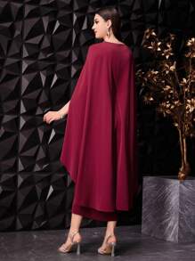 Modelyn Vestido de fiesta de color rojo borgoña con mangas tipo capa, decoración con cristales, estilo simple para mujer - Burdeos - Ver 8