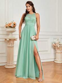 SHEIN Belle Vestido elegante y romántico de gasa con abertura alta y línea A para dama de honor de vacaciones (Adulto), con costura de encaje verde hierba elegante