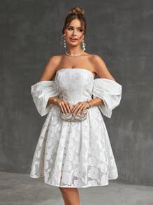SHEIN Belle Elegante Y Romántico Vestido De Línea A De Manga Abullonada Tejido Jacquard Para Fiesta De Cóctel De Mujer - Blanco - Ver 5