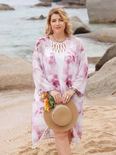 Plus Size Women's Tie Dye Patchwork Fringe Hem Coat Fall Cloth For Women