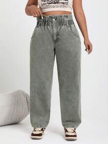 SHEIN EZwear 女式加大高腰復古牛仔褲 - 軍綠色 - 查看 6
