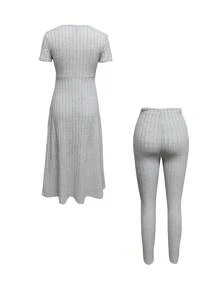 SHEIN LUNE Ladies' Sleeveless Ribbed Split Hem Long T-Shirt And Pants Two-Piece Set