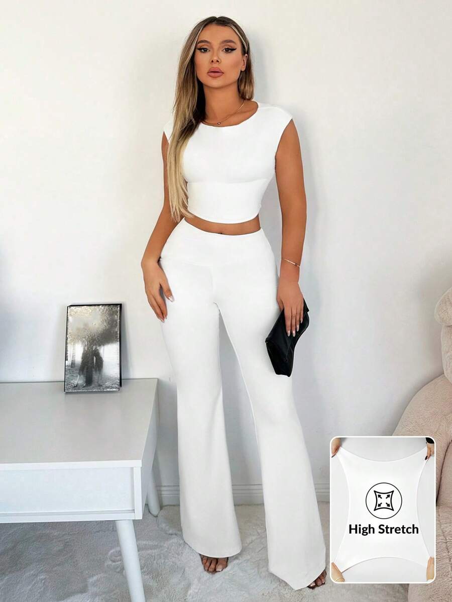 SHEIN SXY مجموعة نسائية مكونة من قطعتين ، بلوزة قصيرة وبنطلون واسع الساقين مصنوعة من نسيج محبوك باللون الأبيض - أبيض - مشاهدة 1