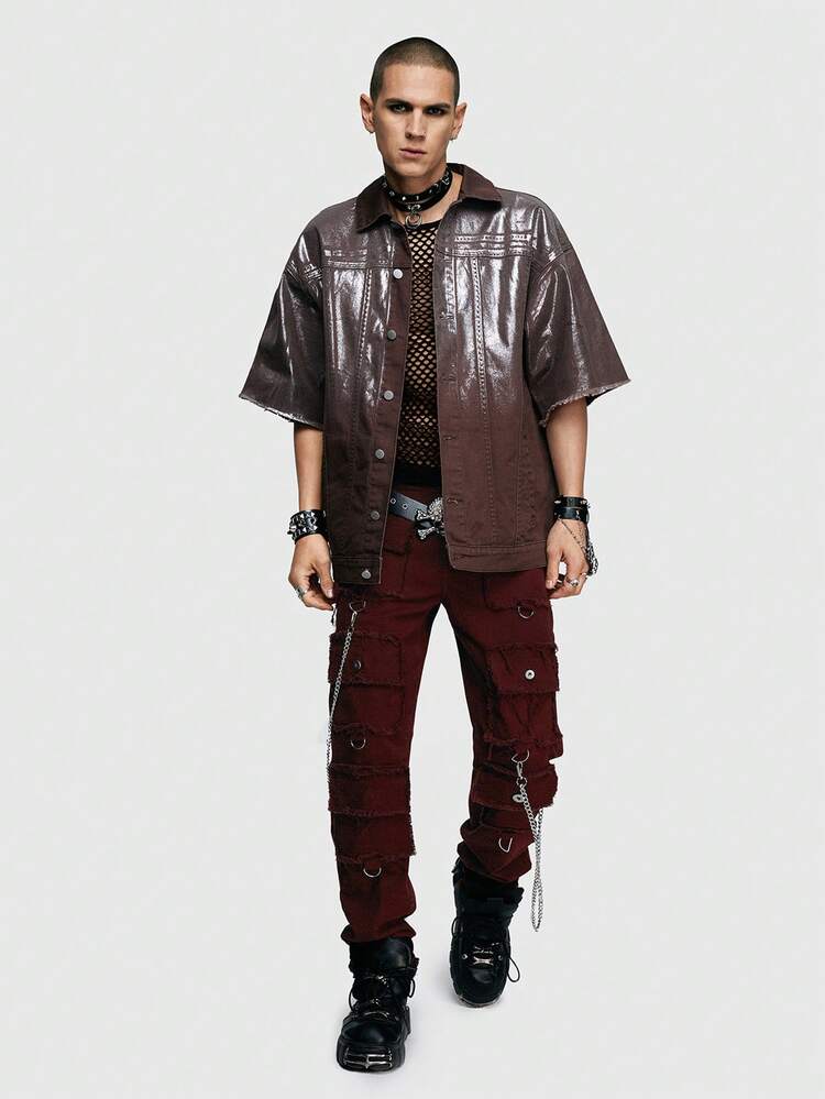 Men's Denim Jacket With Glossy Finish And Frayed Cuffs