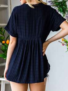 Women's V-Neck Loose Striped Top - Navy Blue - View 2