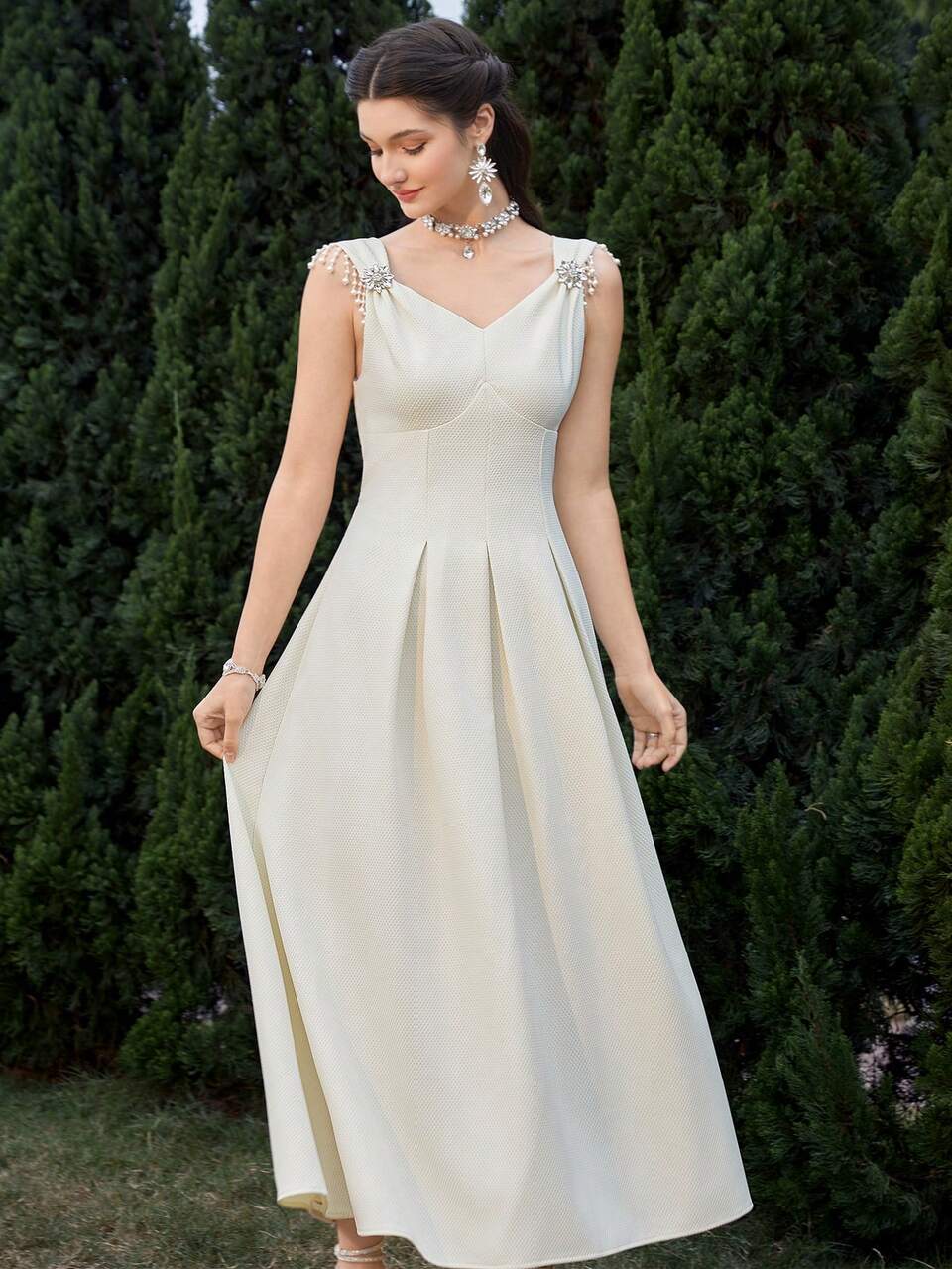 Women's Pearl Decor Sleeveless Dress, Semi Formal Dress Long Evening Dresses
