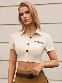 SHEIN EZwear 女款卡其色編織短袖襯衫 - 卡其色 - 查看 3