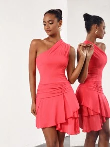 BlackRose 设计师不对称领口连衣裙不对称荷叶边下摆喇叭裙，优雅太阳裙，适合节日、派对、生日服装、节日、婚礼舞会礼服 - 紅色 - 查看 7