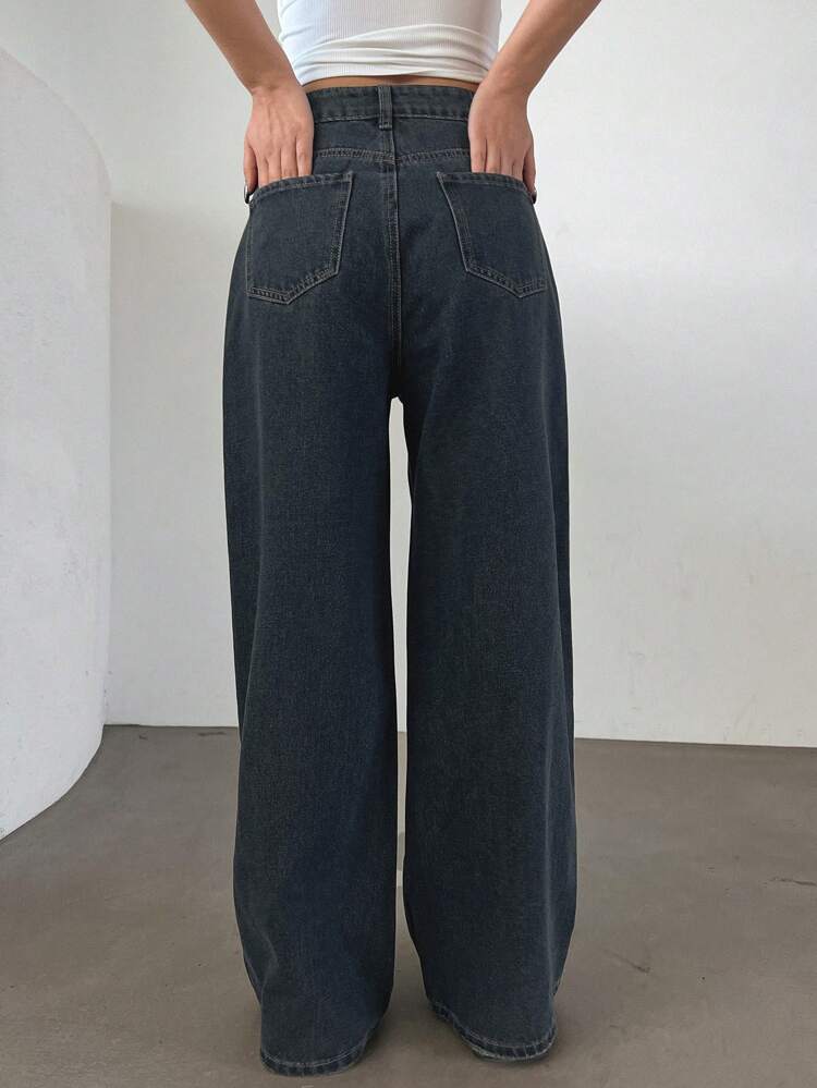 Women's Vintage Distressed Washed Cat Whisker Fading Full-Length Wide Leg Jeans,Baggy Jeans