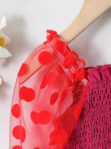 SHEIN Young Girl's Shirred Polka Dot Mesh Long Sleeve Shirt With Frill Trim - Hot Pink - View 6