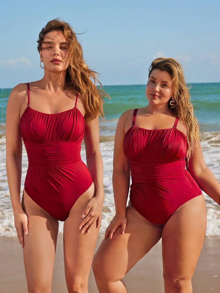 1pc Solid Color Spaghetti Strap One-Piece Swimsuit With Ruched Detail For Women For Summer, Beach, Swimming, Vacation