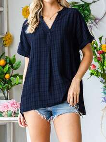 Women's V-Neck Loose Striped Top - Navy Blue - View 3