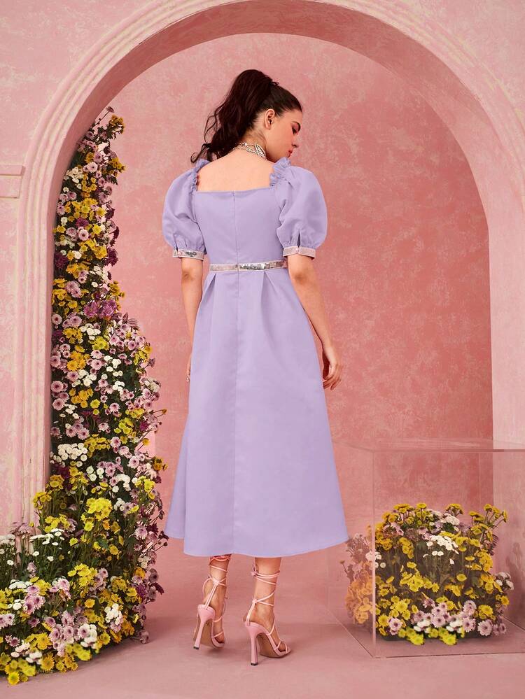 Women's Square Neck Short Puff Sleeve Dress With Frill Hem