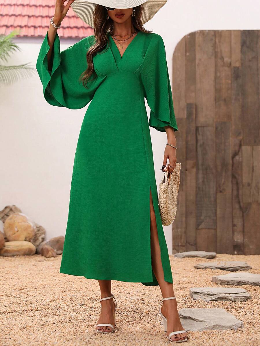 SHEIN Clasi Vestido De Mujer De Color Sólido Con Escote En V, Manga 3/4 Con Hendidura - Verde - Ver 1