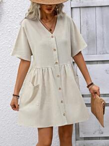 SHEIN Holidaya Tuta da donna a manica lunga con scollo a V, colletto alla peter pan e monopetto - Albicocca - Visualizzare 4