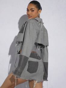 Denimoi Women's Color Contrast Raw Hem Cropped Denim Jacket - Multicolor - View 2