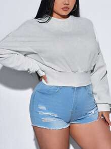 SHEIN SXY Kích thước lớn Của phụ nữ Vòng cổ Thả vai Tay áo dài Áo nỉ - trắng - Xem 6