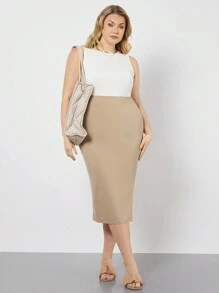 SHEIN BASICS 大尺碼女士無袖彩色分裂連衣裙 - 彩色 - 查看 3