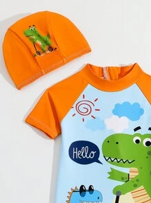 Young Boy Colorblock Cartoon Printed Zipper Back One-Piece Swimsuit With Hood, Position Print Summer Holiday - Multicolor - View 5