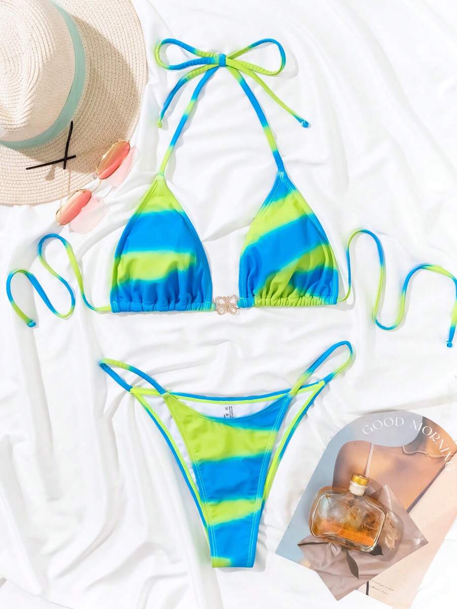 SHEIN Swim Ladies' Tie-Dye Hollow Out Back Lace-Up Bikini Set Summer Beach