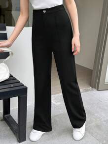 SHEIN 青少女針織純色開襟休閒直筒褲 - 黑色 - 查看 7