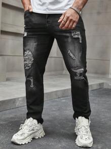 Manfinity LEGND Męskie jeansy slim fit z przetarciami i wąsami Długie postrzępione dżinsy Cargo Zwykły czarny Party Grunge