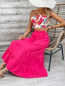 SHEIN VCAY Strapless Tight-Fitting Top & Long Ruffled Hem Skirt Set - Hot Pink - View 5