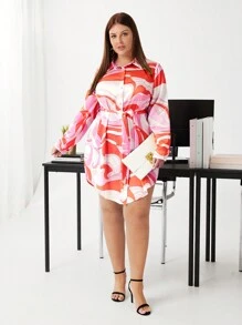BizChic Plus Size Women's Flowy Printed Shirt Dress - Pink - View 7