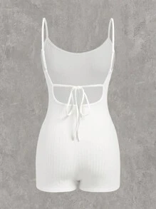 SHEIN EZwear 夏季白色針織修身女士緊身連體褲 - 黑色 - 查看 2