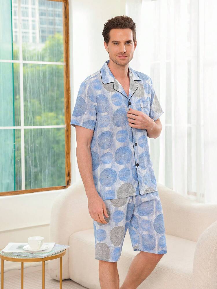 Men's Geometric Printed V-Neck Short Sleeve T-Shirt And Shorts Pajama Set