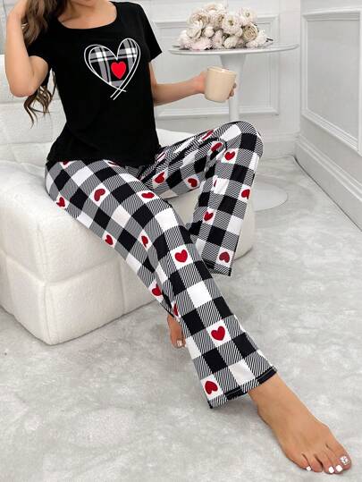 Conjunto De Pijama De Manga Corta Con Patrón De Cuadros De Corazón Para Mujer