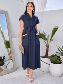 Modelyn 女式拼布流苏双口袋阿拉伯风格连衣裙长款晚礼服 - 藏蓝色 - 查看 1