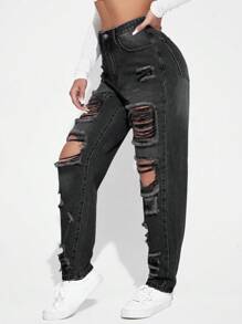 SHEIN EZwear 女士破洞直筒休閒牛仔褲 - 黑色 - 查看 3