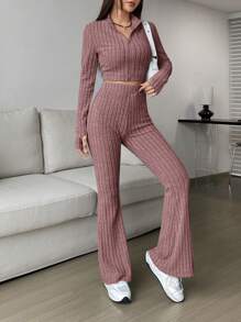 SHEIN EZwear Conjunto De Top Recortado Y Pantalón Largo Con Cremallera Frontal - Rosa vieja - Ver 3