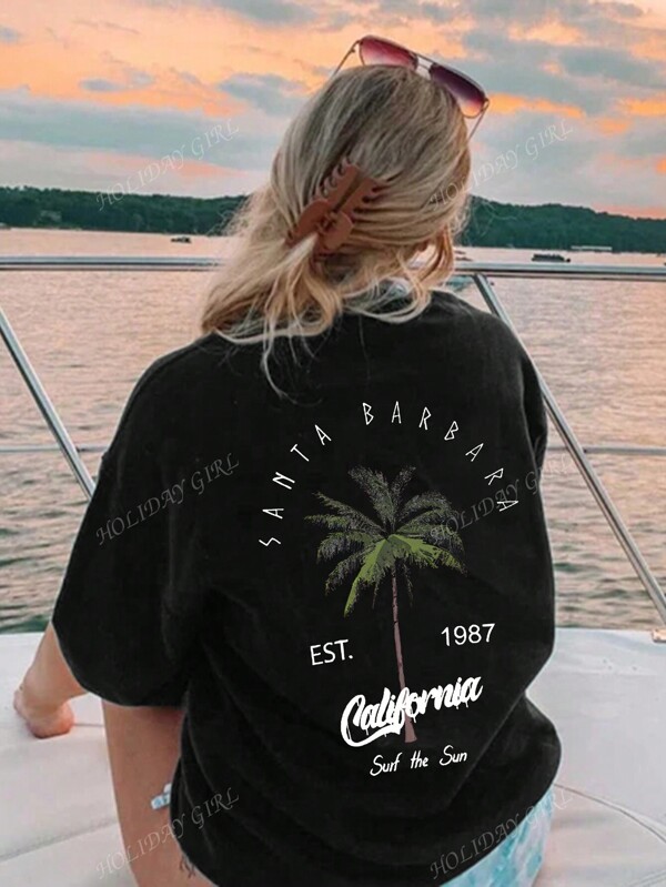 Ladies' Summer Casual Round Neck Coconut Tree And Letter Printed Vacation Style Short Sleeved T-Shirt Top. Graphic Tees Women White Toppink Top