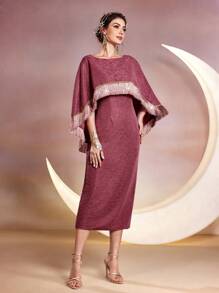 Modelyn 女士船领流苏开衩长款晚礼服 - 粉色 - 查看 8