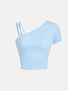 SHEIN Teen Girl's Asymmetrical Neck Ribbed Knit Vacation Short Sleeve T-Shirt - Baby Blue - View 1