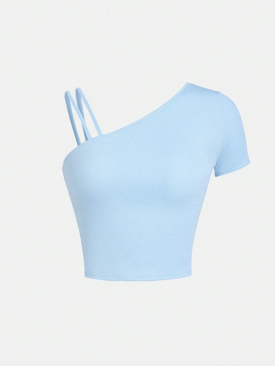 SHEIN Teen Girl's Asymmetrical Neck Ribbed Knit Vacation Short Sleeve T-Shirt - Baby Blue - View 1