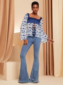 GSS Designer Business Casual Printed Chiffon Mix Satin Long Sleeve Blouse, For Holiday, Vacation, Spring, Beach, Festival, Ibiza Fits, Office - Blue - View 5