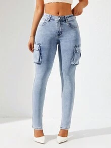 SHEIN Privé 修身版型牛仔貨褲 - 淺色水洗藍 - 查看 5