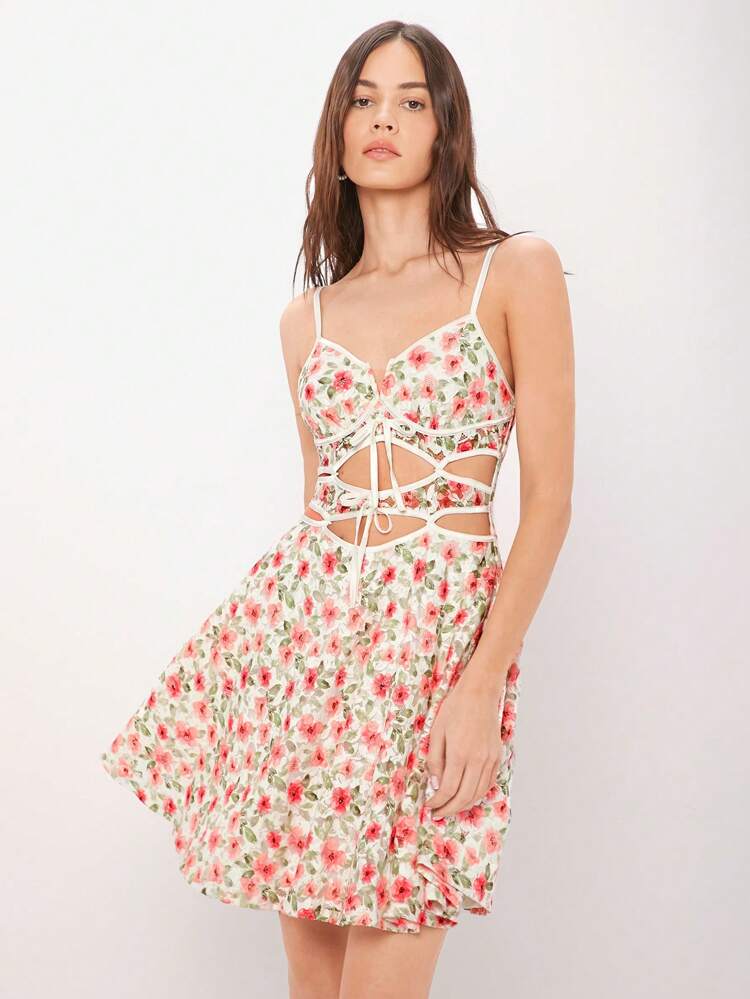 Women's Floral Print Hollow Out Waist Cami Dress