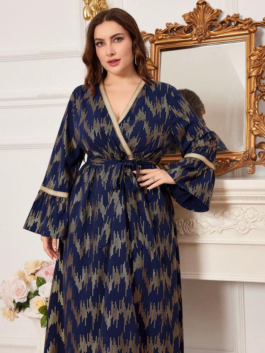 Modelyn 大码 V 领喇叭袖连衣裙,带有随机花卉图案长款晚礼服 - 藏蓝色 - 查看 1