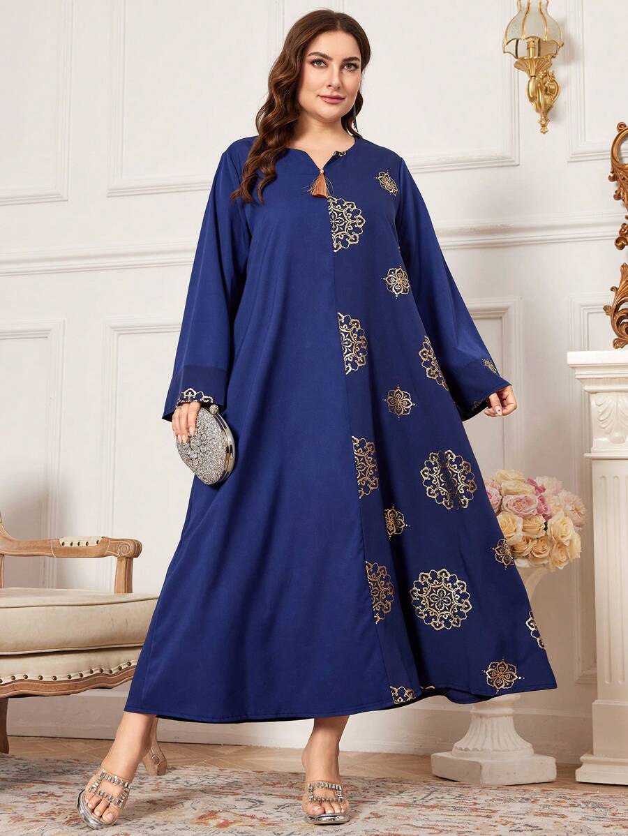Al Najma 大尺碼女士長袖阿拉伯服裝,金色印花花朵設計 - 藏蓝色 - 查看 1